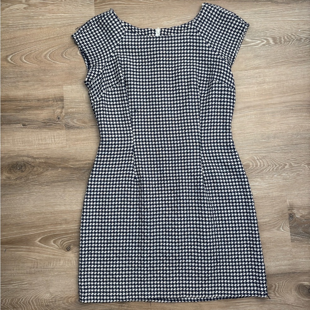 Vintage Rampage Navy White Fitted Bodycon Boatneck Houndstooth Mini Dress 90s